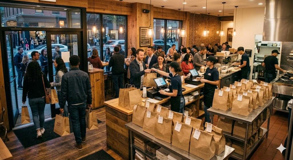 Busy restaurant with customers and delivery orders being prepared