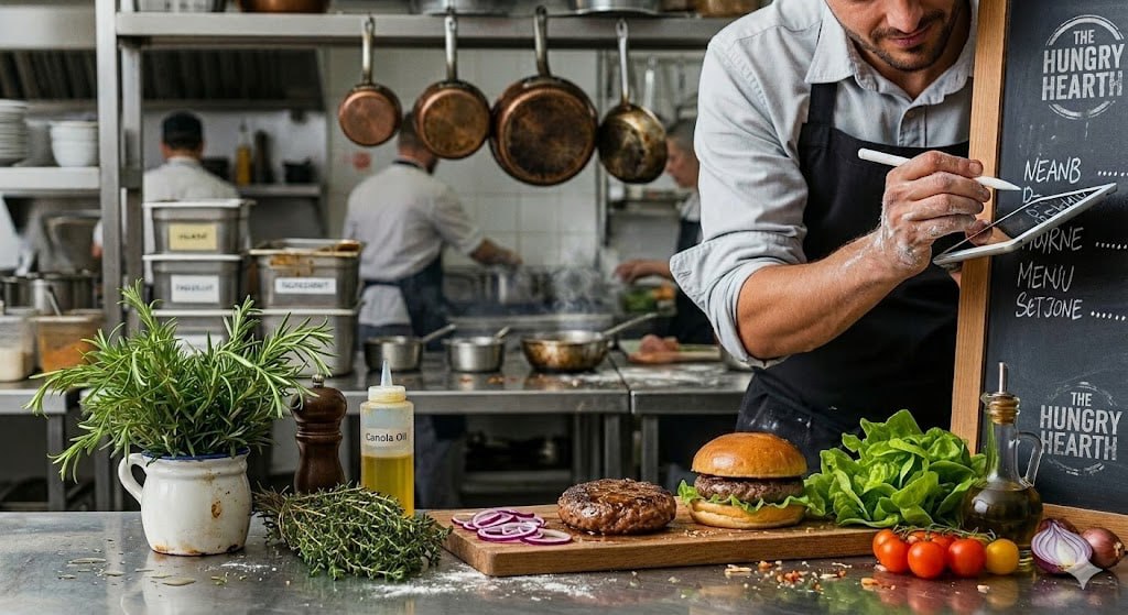 Chef preparing a gourmet burger in professional kitchen