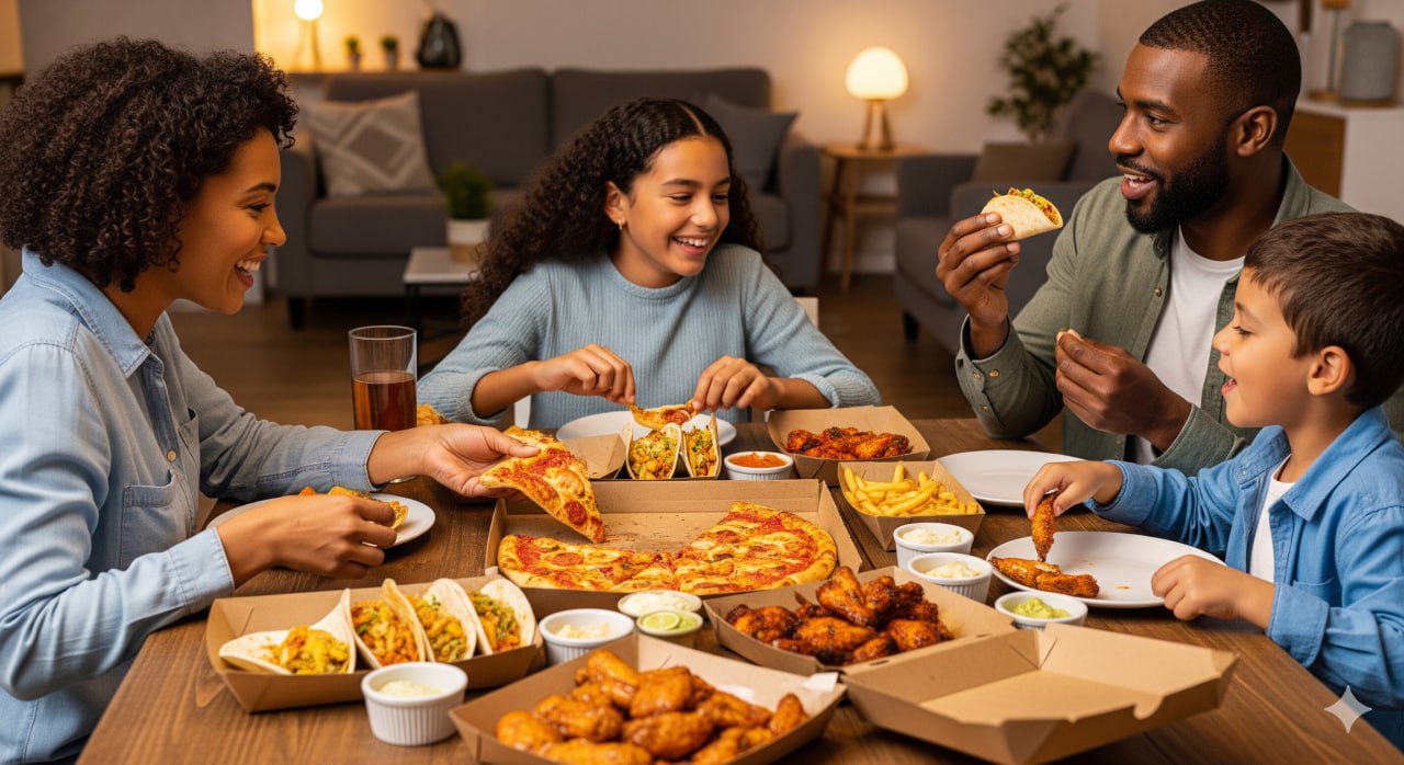 Family enjoying delivery meal bundles together - pizza, wings, tacos, and sides