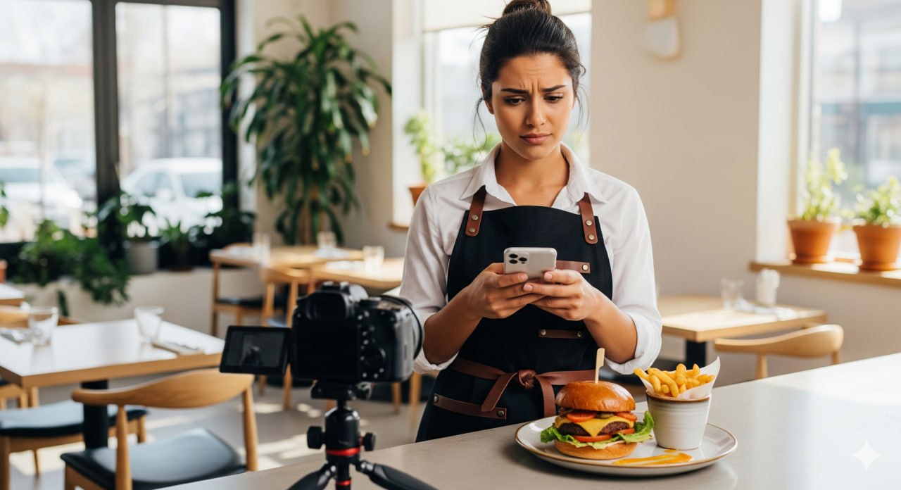Restaurant owner reviewing DoorDash listing on phone