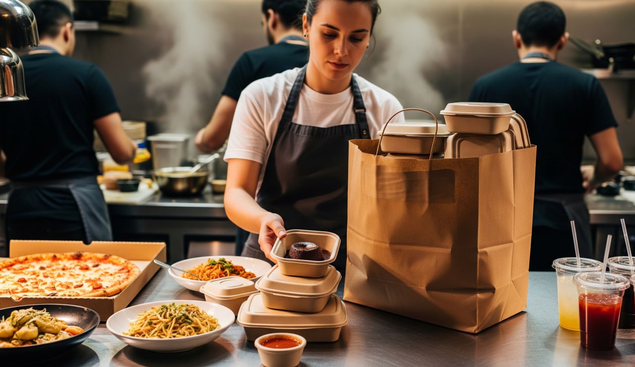 Restaurant staff packing delivery orders with multiple items