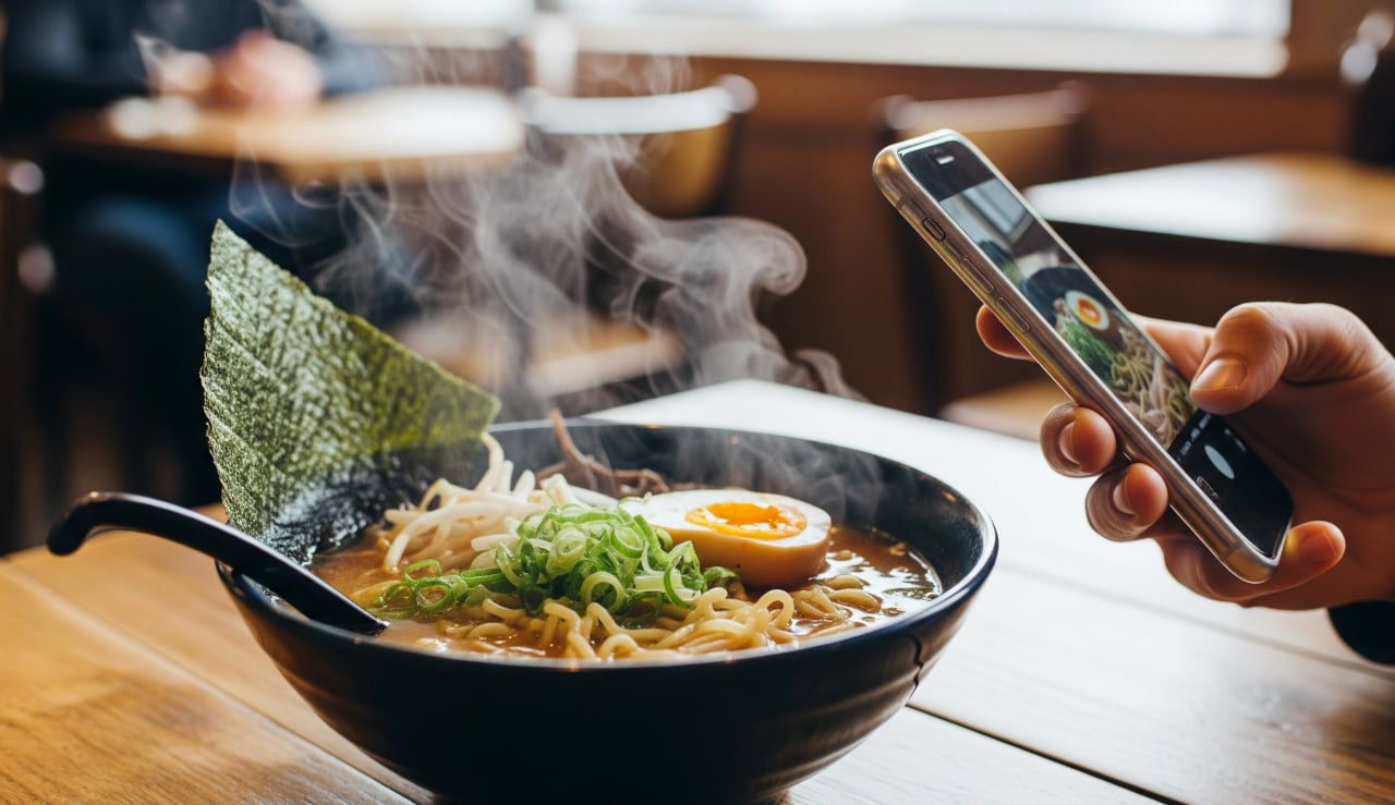 Person taking a photo of ramen bowl with smartphone